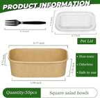 DI QIU REN 50-Pack 34oz Paper Bowls, Disposable Food Containers with Lids and Forks, Rectangular Food Prep Containers, To Go Containers, Salad Bowls Deli Container for Diet Salad, Pasta