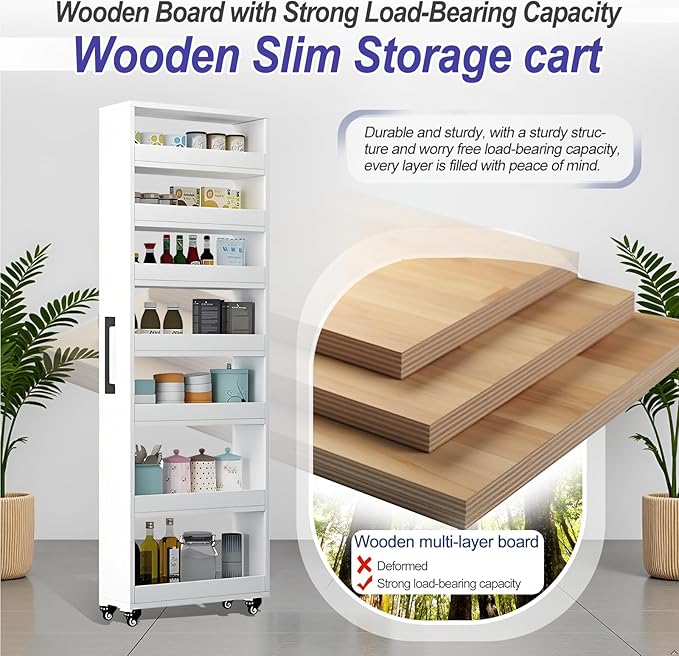 7-Tier Slim Storage Cart, Wooden Rolling Pantry Cabinet with Wheels, Narrow Shelf Organizer for Kitchen, Bakers Rack, Dining Room, Closet, Small Spaces Light Walnut 47.2" H*5.9" W*23.6" D