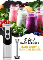 MegaWise Pro Titanium Reinforced 5-in-1 Immersion Hand Blender, Powerful Motor with 80% Sharper Blades, 12-Speed Corded Blender, Including 500ml Chopper, 600ml Beaker, Whisk and Milk Frother (Black)