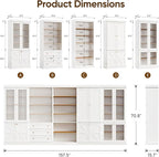 70.8" Tall Farmhouse Kitchen Pantry Cabinet with Glass Doors, Modular Wooden Storage Cabinet with 6-Tier Adjustable Shelves, Hutch for Kitchen or Living Room, Set of 3, White