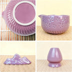 Matcha Set–7-Piece Set Including Matcha Bowl with Spout, Whisk, Chasen Holder, Sifter, Bamboo Scoop with Stand, wood spoon(Cherry Blossom Purple)–Perfect for Matcha Lovers&Tea Ceremonies
