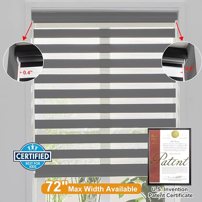 Persilux Cordless Zebra Blinds for Windows Free-Stop Roller Window Shades (39" W X 72" H, Black) Dual Layer Light Control for Day and Night, Light Filtering Sheer Shades for Home, Easy to Install