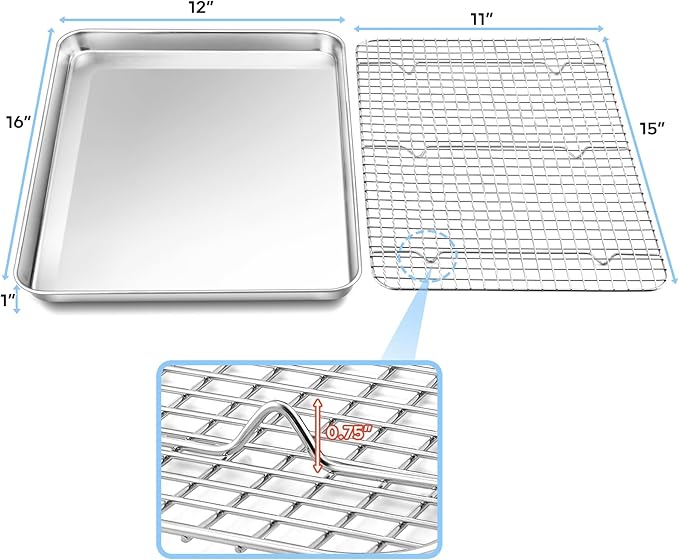 TeamFar Baking Sheet with Rack, 16 x 12 x 1 Inch Stainless Steel Cookie Baking Pan Tray with Grid Rack for Baking Roasting Cooling, Healthy & Heavy-Duty, Oven & Dishwasher Safe