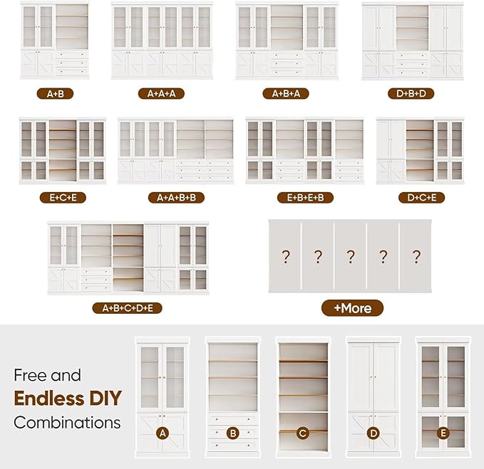 70.8" Tall Farmhouse Kitchen Pantry Cabinet with Doors, Modular Storage Cabinet with 4-Tier Adjustable Shelves, White, Wooden Hutch for Kitchen, Living Room, Set of 4