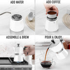 Zulay Moka Pot Espresso Stovetop Coffee Maker - Leak-Proof, Stainless Steel, Easy to Clean, Heat Resistant Handle & Knob - for Authentic Cuban & Italian Style Espresso - Makes 3 Espresso Cups - White