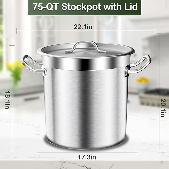 Large Stock Pot -75QT Stainless Steel Stockpot with Lid, Heavy Duty Tri-Ply Bottom Commercial Grade Stock Pot & Stockpots for Boiling Cooking Soup Stew Canning Cookware Sauce Cooking Pots