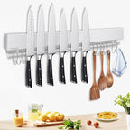 20 inch magnetic knife holder with 10 hooks, no drilling knife magnetic strip, and utensil hanger for wall. Powerful knife magnet rack includes tape and screw