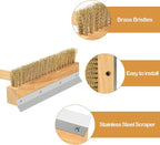 LRUI Pizza Oven Brush with Scraper,41-Inch Long Wood Handle Brass Bristles,Outdoor Pizza Oven Brush.