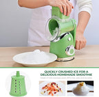 SUSTEAS Rotary Cheese Grater with Handle,Vegetable Slicer with 6 Interchangeable Blades, Reinforced Suction,Easy to Clean,Kitchen Chopper for Crushed Ice,Fruits and Nuts with Blade Storage Case,Green