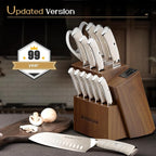 Astercook Knife Set Kitchen with Block and Dual Sharpener Full Tang 15 Pcs German Stainless Steel Knives Dishwasher Safe Kitchen Utensils Set with Anti-slip Ergonomic Handle, Elegant White