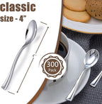 WDF 300 Pieces Plastic Silver Mini Spoons - 4 Inches Silver Plastic Tasting Spoons for Desserts, Heavy Duty Disposable Spoons Perfect for Coffee, Cake, Desserts, Appetizers for Christmas Wedding/Party
