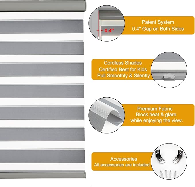 Persilux Cordless Zebra Blinds for Windows Free-Stop Roller Windows Shades (31" W X 47" H, Grey) Dual Layer Light Control for Day and Night, Light Filtering Sheer Shades for Home, Bedroom