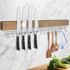 23 Inch Magnetic Knife Holder for Wall - Pailexin Wooden Magnet Knife Strip No Drill with 15 Hooks/Adhesive Tape/Screws, Kitchen Utensil Holder, Magnetic Knife Organizer, Wall Mounted Knife Storage