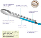 ALLWIN-HOUSEWARE W 304 Stainless Steel Kitchen Cooking Tongs, 9" and 12" Set of 2 Sturdy Grilling Barbeque Brushed Locking Food Tongs with Ergonomic Grip, Blue