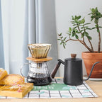 SOTECH Pour Over Coffee Maker Set with Black Gooseneck Kettle, Wooden Pad Holder, Coffee Dripper Server, DIY Manual Portable Coffee Maker Set