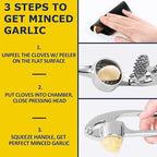 Premium Garlic Press Stainless Steel - Elevate Your Culinary Experience with Our Premium Garlic Mincer, Crusher & Peeler Set, Dishwasher Safe & Rust-proof (Silver)