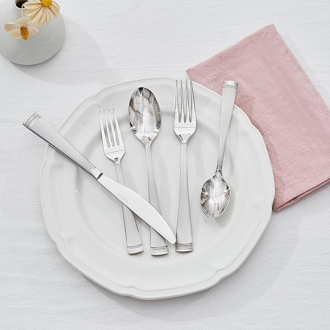 KINGSTONE Silverware Set, 60-Piece Flatware Set for 12, 18/10 Stainless Steel Cutlery Set with Bead Edge, Utensil for Kitchen, Home, Party, Wedding, Mirror Polished, Dishwasher Safe, Featured Gifts