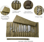 HEZHEN Chef Knife Roll Bag 16oz Oil Waxed Canvas, Heavy Duty Portable Backpack Knife Case Storage, 12 Slots & 2 Zipper Pockets, Detachable Adjustable Leather Shoulder Strap Belt（Not Included Knives）