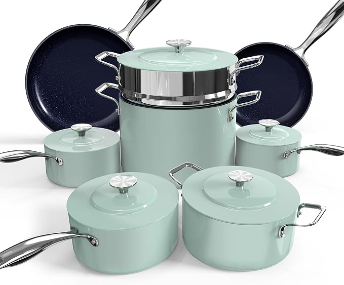 Nuwave Lux 13pc Forged Lightweight Cookware Set PFAS Free, Healthy G10 Duralon Ceramic Coating, Ultra Non-Stick, Stay-Cool Handles, Works on All Cooktops & Induction Ready
