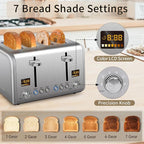 SEEDEEM 4 Slice Stainless Toaster - Color LCD Display, 7 Shade Settings, 1.5'' Wide Slots with Bagel/Defrost/Reheat Functions, Removable Crumb Tray, Silver Metallic, 1800W