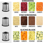JIUMEXES Rotary Cheese Grater Hand Crank with 3-in-1 Blades – Fast, Safe & Effortless Grating, Perfect for Cheese, Vegetables & Chocolate, BPA-Free, Stable Suction Base