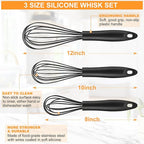 Silicone Whisk,Heat Resistant Non Scratch Whisks Set of 3,Stainless Steel & Silicone Wisk for Cooking,Kitchen Whisk For Nonstick Cookware,Balloon Egg Whisk Perfect for Blending,Beating,Frothing-Black