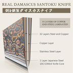 SHAN ZU Damascus Santoku Knife 7 inch, Japanese Kitchen Knives Copper & Damascus Steel High Carbon 33 Layer Hand Forged Ultra Sharp Utility Chef Knife Professional Carving Knife with Maple Wood Handle
