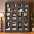 70.8" Bookshelf with Glass Doors, Farmhouse Modular Bookcase with 6-Tier Adjustable Shelves, Large Storage Cabinet for Living Room & Home Office, Set of 3, Black