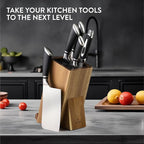Navaris Wooden Kitchen Knife Block with Holder - Holds a Chopping Board, Phone or Tablet - Acacia Angled Design, 12.5 x 18.7 x 26.2 cm (4.9" x 7.4" x 10.3")