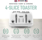 HADEN Heritage 4-Slice Toaster with Extra Wide Slots, 1500-Watt, Ivory & Chrome - Retro Stainless Steel Design with Self-Centering Function, Adjustable Browning Control & Removable Crumb Tray