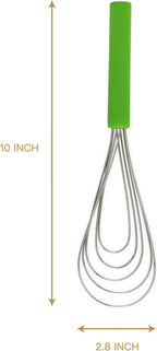 Flat Whisk Silicone Handle Non Slip 10" - 5 Wires Whisk with 10 Heads for Kitchen Cooking by Jell-Cell (Green)
