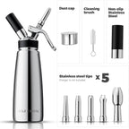 OSJCOOK Whipped Cream Dispenser Stainless Steel Cream Whipper Mirror Finish,500 mL/1 Pint Professional Cream Maker,5 Various Stainless Decorating Nozzles,1 Cleaning Brush,N2O Chargers NOT included
