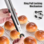Doosu Kitchen Tongs for Cooking - 600°F Heat Resistant Food Tong with Non-Scratch Silicone Tips, Heavy Duty Stainless Steel Locking Tong for BBQ, Grilling Steak, Serving Salad, Pasta (12in, Black)