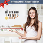 20 inch magnetic knife holder with 10 hooks, No Drilling black knife magnetic strip and utensil hanger for wall, Powerful knife magnet rack include tape and screws