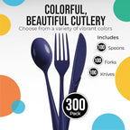 Party Solids Navy Plastic Silverware Heavy Duty 300 Pieces Navy Plastic Cutlery Sets, Utensil Sets, 100 Of Each Forks, Knives & Spoons Disposable Cutlery Set, Flatware Set For Party Supplies