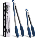 HOTEC Premium Stainless Steel Locking Kitchen Tongs with Silicon Tips, Set of 2-9" and 12", Classic Blue