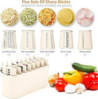 Rotary Cheese Grater with Handle Vegetable Shredder with 5 Interchangeable Blades, Kitchen Food Slicer and Chopper with Strong Suction Base for Fruit Vegetables Nuts with Blade Storage Box (White)