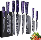 8-Piece Premium Japanese Kitchen Knife Set - Imperial Collection, Laser Damascus Pattern, 440A Stainless Steel Ultra Sharp for Fast Cutting (DMS-8A-Purple)