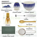 Matcha Whisk Set Incl. Ceramic Bowl With Spout, Whisk (Chasen), Stand, Bamboo Scoop, Sifter, Electric Frother, Tea Towel etc. 9 Pcs Matcha Making Starter Kit, Blue&White