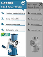 Geedel Rotary Cheese Grater Cheese Shredder - Upgraded 5-in-1 Cheese Grater with Handle and Strong Suction Base, Multi-purpose Vegetable Slicer Ice Shaver Nuts Grinder for Ice, Vegetables, Fruit, Nuts