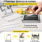 VEVOR Replacement Chopper Blade, 1/2 inch, 3 PCS French Fry Blade Assembly with 6 Extra Knives, Stainless Steel Dicer Parts and Push Block for Cutting Potatoes Carrots Onions Cucumbers Mushrooms