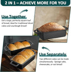 Leonyo 9 x 6 inch Cast Iron Loaf Pan with Lid, 2-in-1 Sourdough Baking Pan, Pre-seasoned Loaf Dutch Oven for Homemade Bread, Pound Cake, Lasagna, Up to 500℉ & Black
