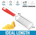 Zulay Kitchen Professional Cheese Grater Stainless Steel - Durable Rust-Proof Metal Lemon Zester Grater With Handle - Flat Handheld Grater For Cheese, Chocolate, Spices, And More - Red