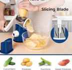 X Home Rotary Cheese Grater for Kitchen, Shredder with 3 Interchangeable Blades, Rotary Grater with Handle and Strong Suction Base, for Vegetables, Fruit, Nuts, Easy to Use and Clean, Dark Blue