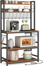 VASAGLE Hutch Bakers Rack with Power Outlet, 14 Hooks Microwave Stand, Adjustable Coffee Bar with Metal Wire Panel, Kitchen Storage Shelf, 15.7 x 31.5 x 66.9 Inches, Rustic Brown and Black UKKS025B01