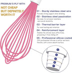 Pink Silicone Whisk, Sealed Waterproof Design Set of 3, Professional Kitchen Whisks for Cooking Non-Scratch, Silicone&Stainless Steel Whisk, Heat Resistant 480°F Rubber wisk, BPA free