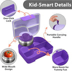 TinyPalsa Bento Box for Kids, 3 Compartment Kids Lunch Box with 10oz Leak Proof Thermos Food Jar, Easy-Open Latch, Dishwasher Safe, Ideal for School, Daycare, Travel with Portable Handle (Purple)