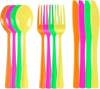300 Pack Neon Party Disposable Plastic Silverware Heavy Duty, Plastic Cutlery Set, Forks and Spoons Knives Set for Birthday Party Prom Night, Weddings（Orange,Green, Hot Pink, Yellow Colors）