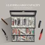 AUTOARK 3-Tier PU Leather & Velvet Knife Organizer with 26 Slots,Transparent Glass Top & Drawer,Compact Storage for Pocket Knives,Ideal for Men's Collections & Gifts,Black,MKAW016