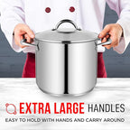 Stainless Steel Stockpot with Tempered Glass Lid 20 Quart, Durable 18/0 Stainless Steel, Impact-Bonded Base for Even Heating, Riveted Handles, Oven & All Stove Compatible, Safe Up To 500°F (260°C)